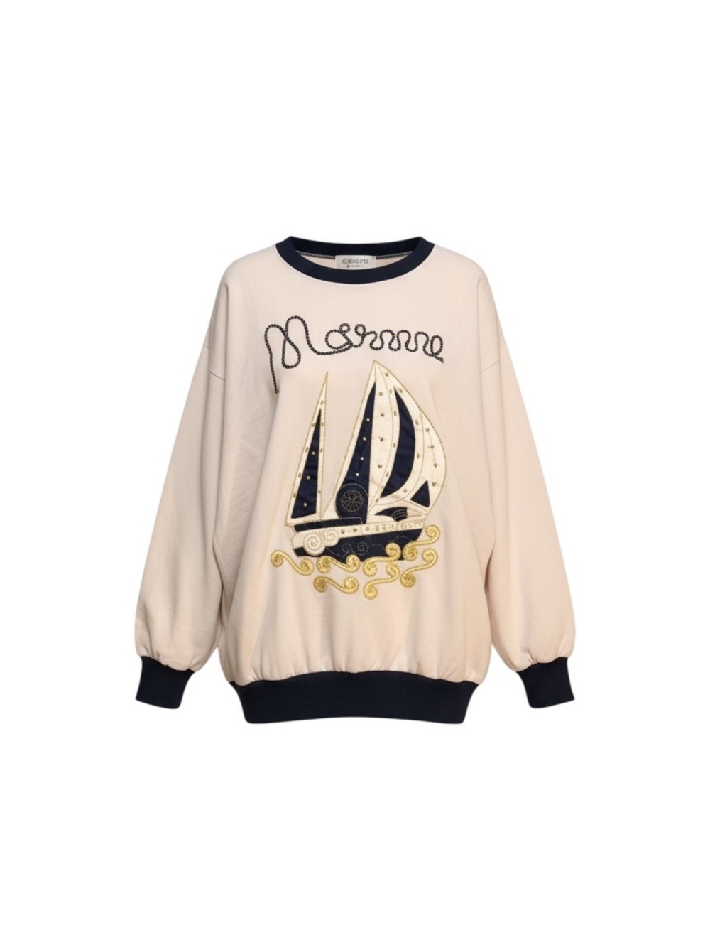 Adolfo Vintage Cream Nautical Sailboat Embellished Sweatshirt